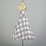 Medium 1950s Day Dress Blue Plaid Casual Cotton Summer Sleeveless Sundress