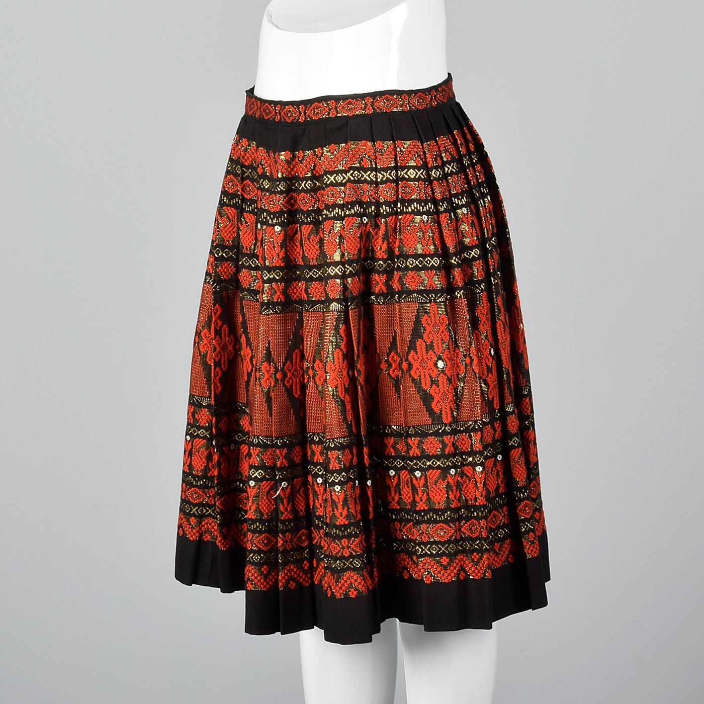 1950s Pleated Black Skirt with Red and Metallic Embroidery