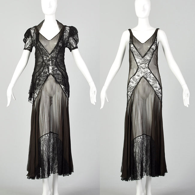 XS 1930s Sheer Black Silk and Lace Dress and Jacket