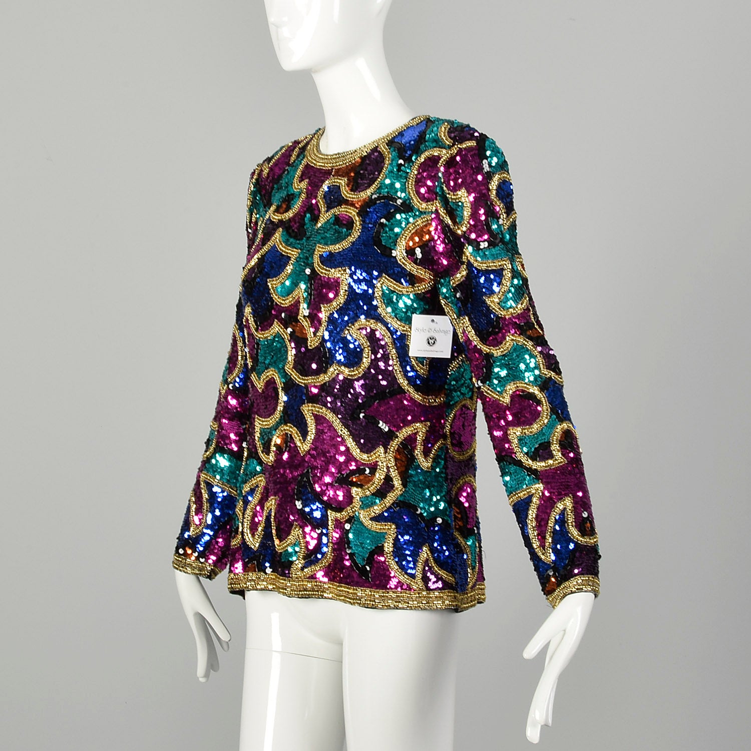 Medium 1990s Oleg Cassini Shirt Multicolored Sequin Formal Long Sleeve Eveningwear