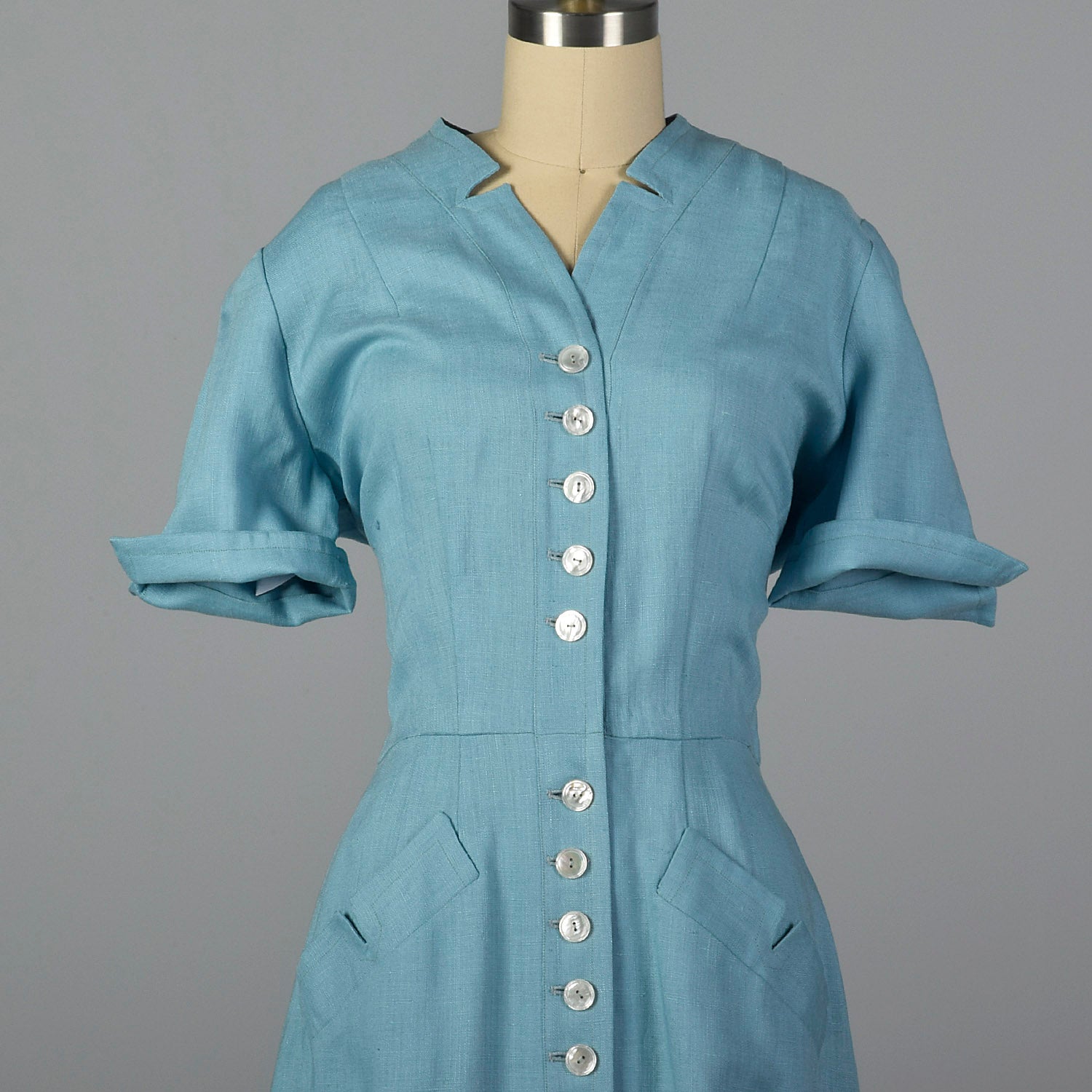 Medium 1940s Linen Day Dress with Button Front Style & Salvage Medium 1940s Linen Day Dress with Button Front Style & Salvage