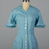 Medium 1940s Linen Day Dress with Button Front