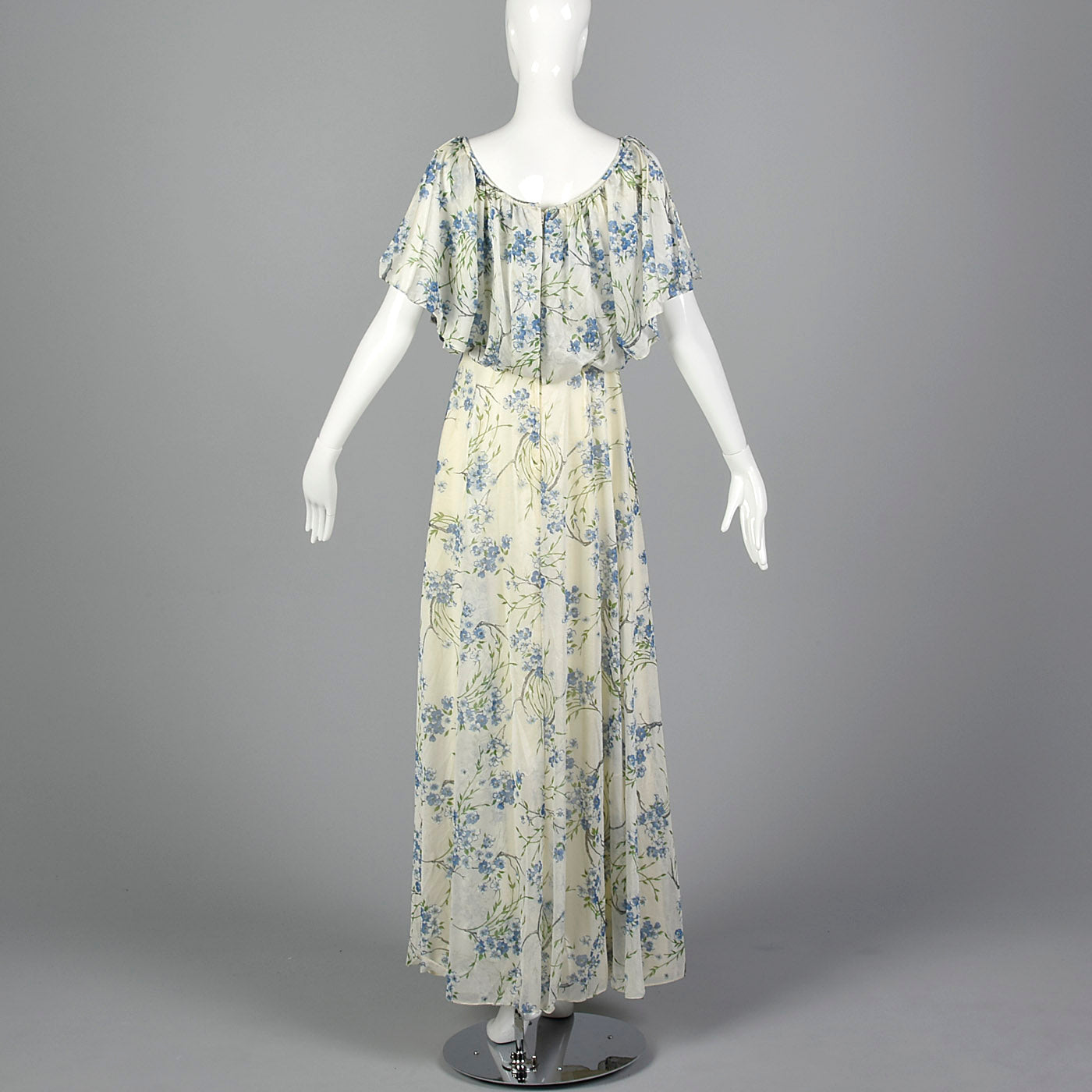 1970s Blue Floral Maxi Dress with Cold Shoulders