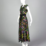 1970s Black Floral Maxi Dress