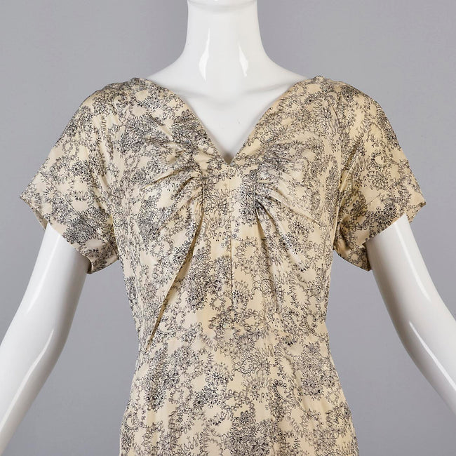 1940s Silk Dress with Velvet Faux Lace Back