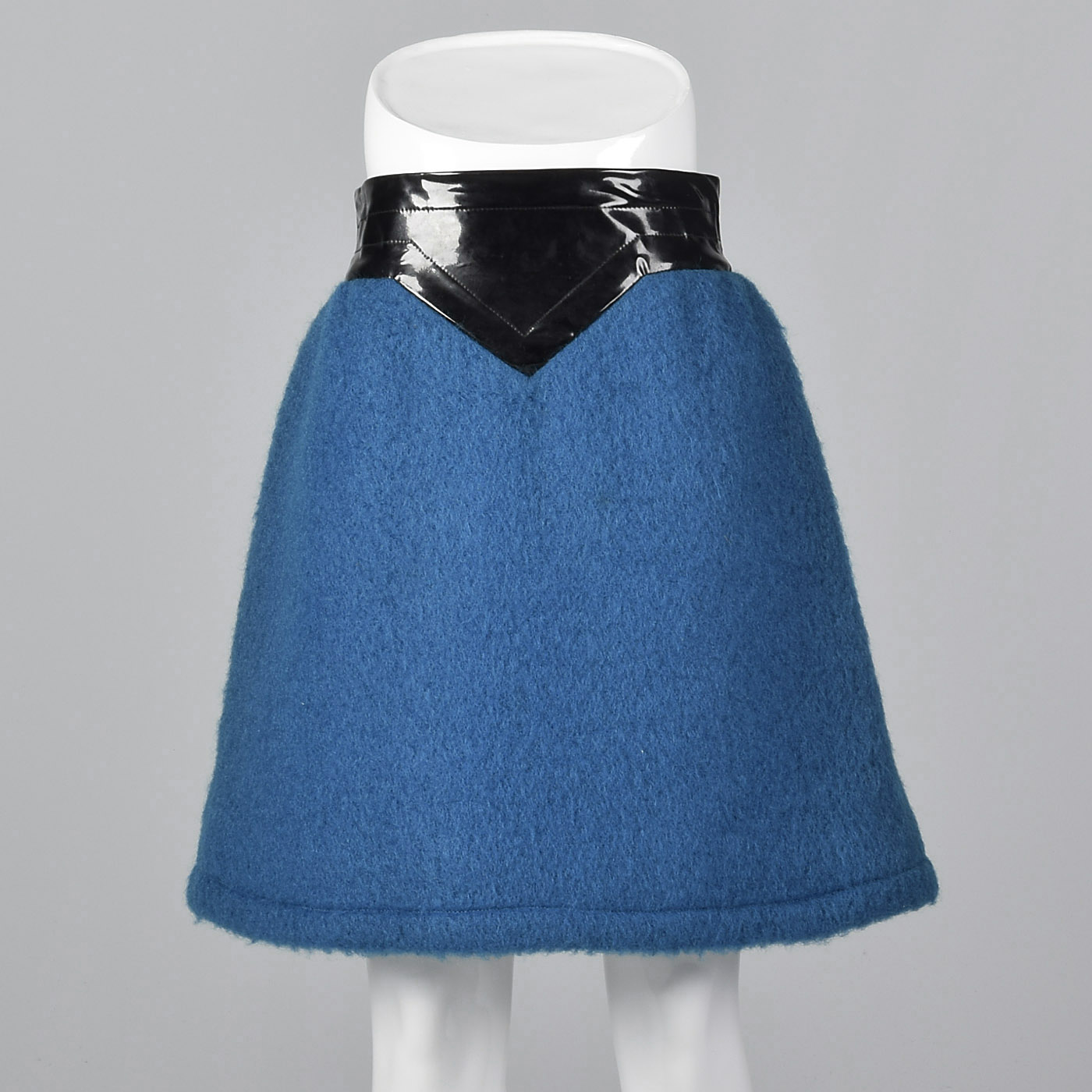 1960s Pierre Cardin Space Age Mod Blue Mohair and Black Vinyl Mini Skirt