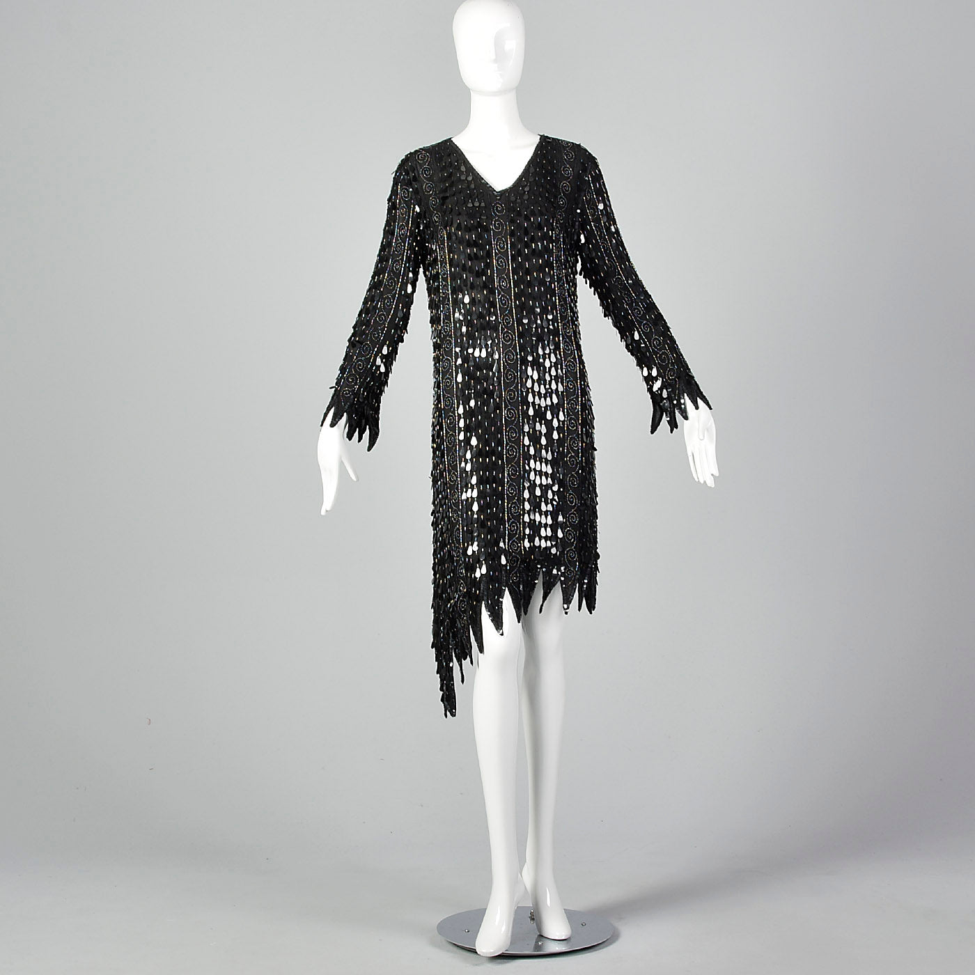 1970s Frank Usher Black Beaded Silk Dress