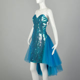 Medium 1980s Dress Strapless Tulle Sequin Teal Bustle Prom Gown Asymmetrical Hem