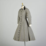 Small 1950s Wool Black White Fit & Flare Houndstooth Winter Coat Dress