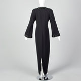 1970s Anne Klein Black Wool Evening Gown with Bell Sleeves and Beaded Trim
