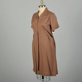 3XL 1950s Brown Day Dress Zip Front Short Sleeve Casual Volup
