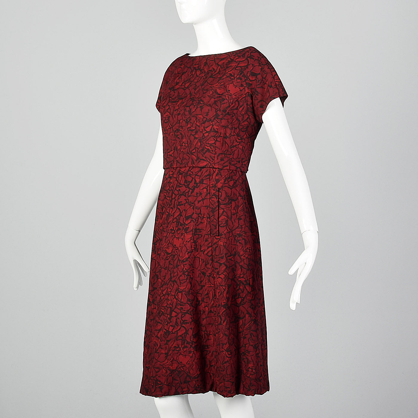 1960s Black and Red Print Dress with Mesh Bodice and Matching Overlay Style & Salvage 1960s Black and Red Print Dress with Mesh Bodice and Matching Overlay Style & Salvage