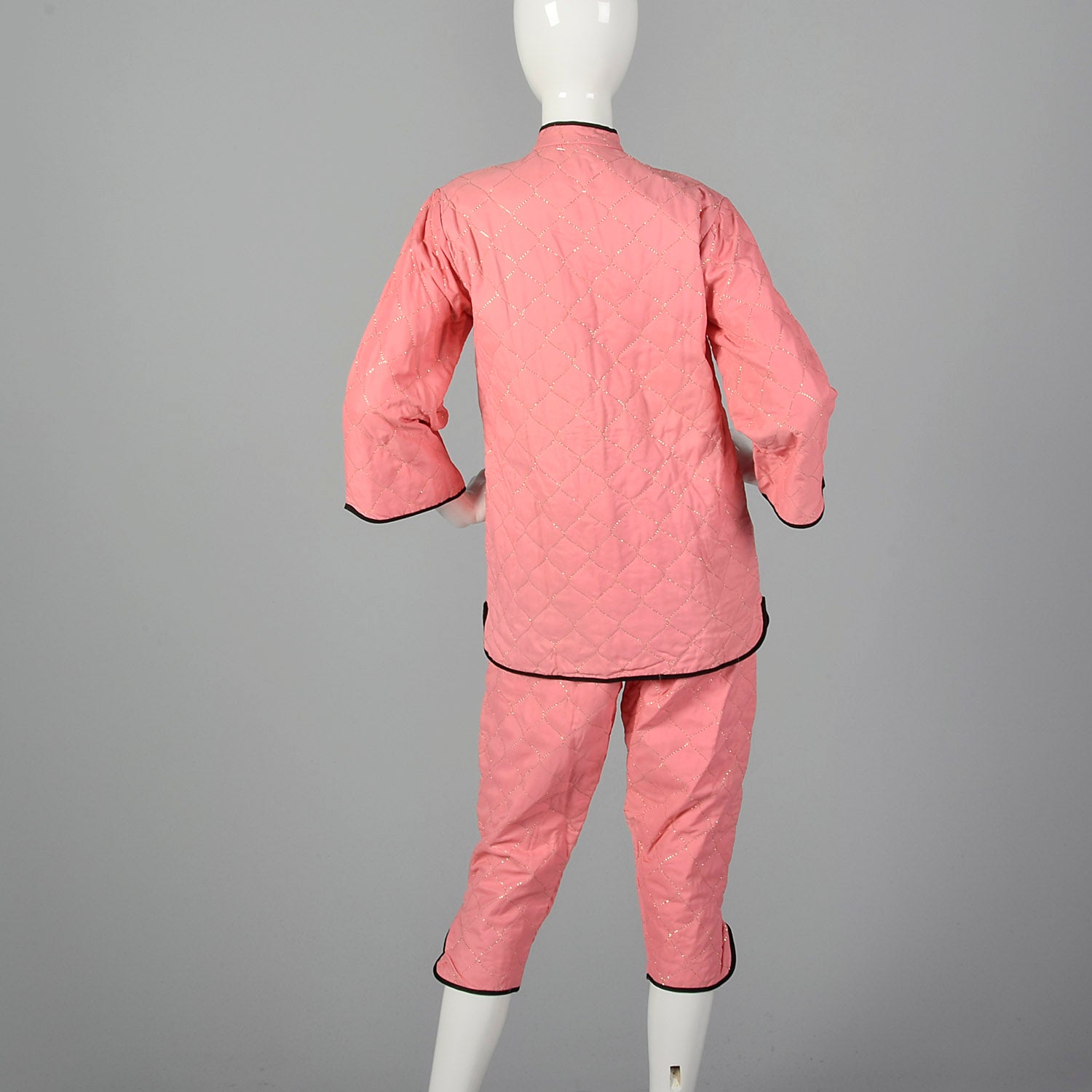 1950s Pink Quilted Pajama Set with Gold Topstitching