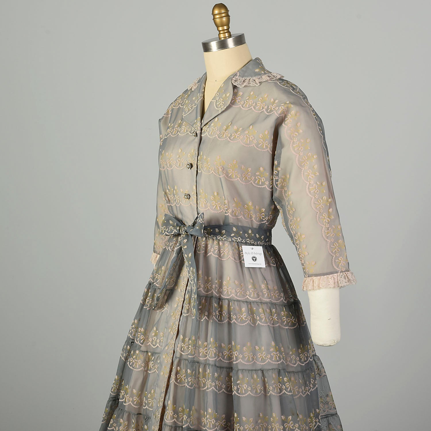 Small 1950s Dress Set Gray Flocked Ruffle Matching Petticoat