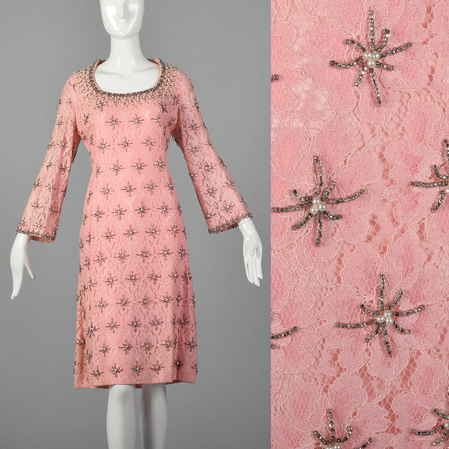 1960s Valentina Pink Lace Beaded Dress