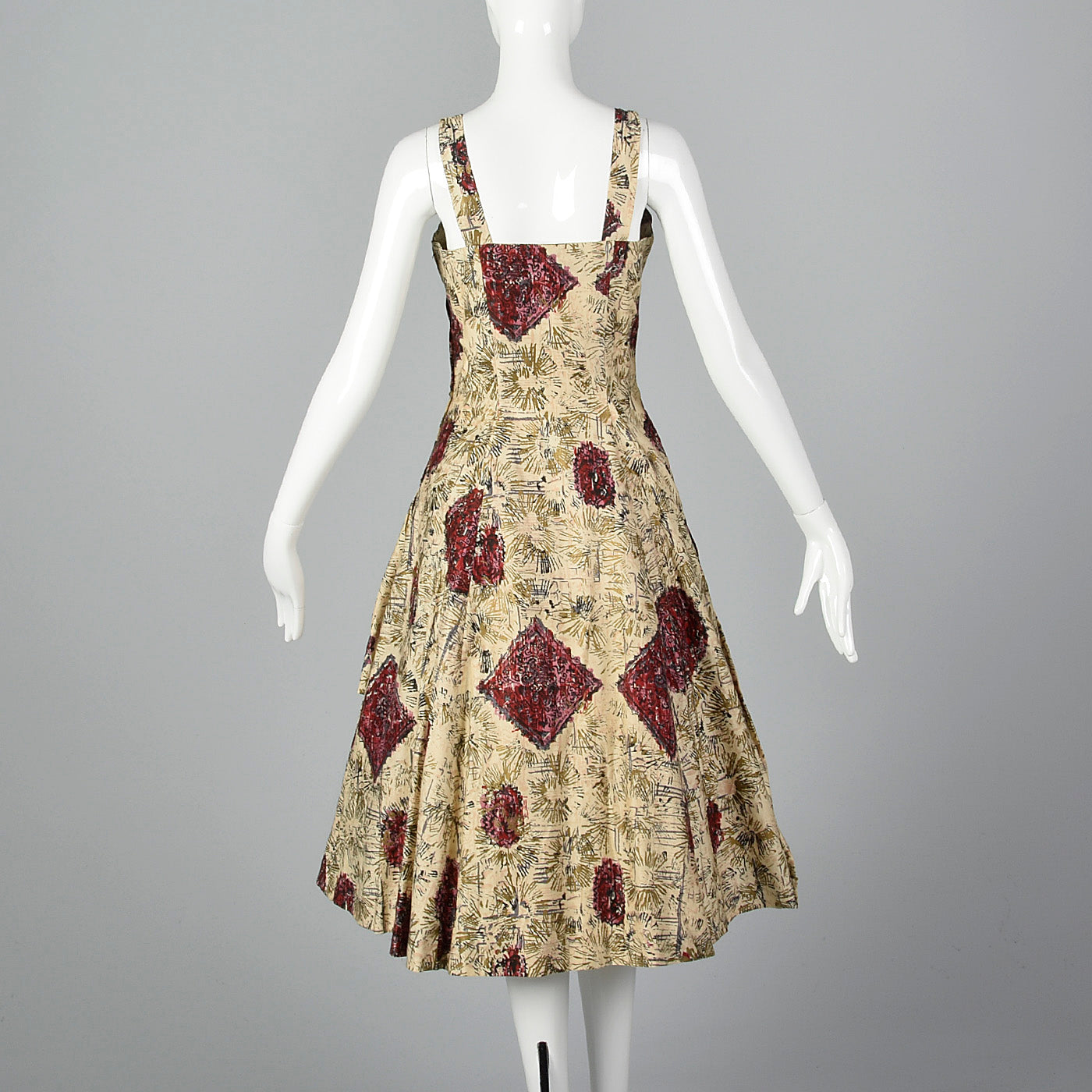 XS 1950s Beige Novelty Print Dress