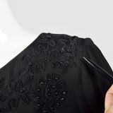 Medium 1990s Dress Black Beaded Crepe Quarter-Sleeve LBD