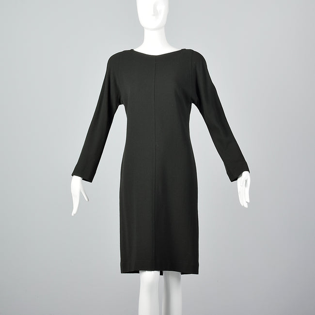 1980s Jean Muir Dark Green Wool Shift Dress with Long Sleeves