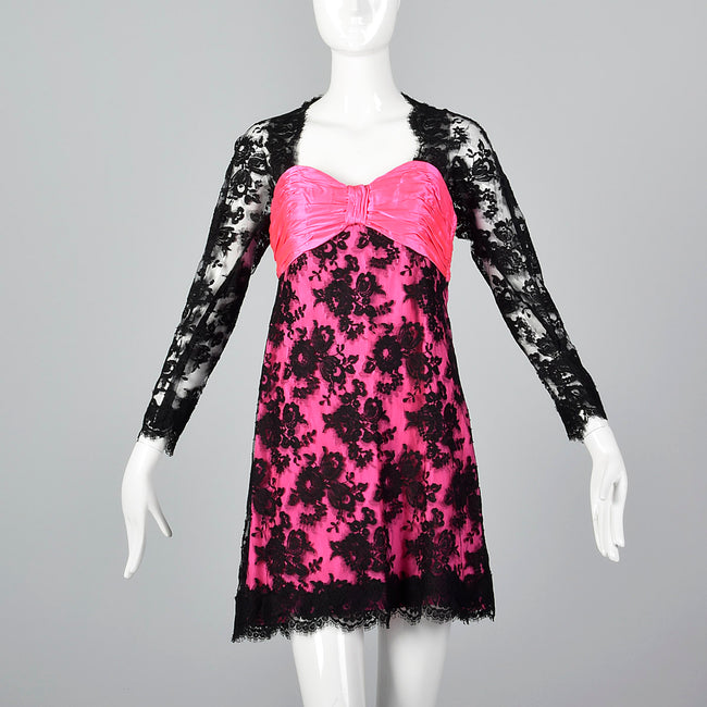 1980s Travilla Hot Pink and Black Lace Dress