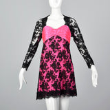 1980s Travilla Hot Pink and Black Lace Dress