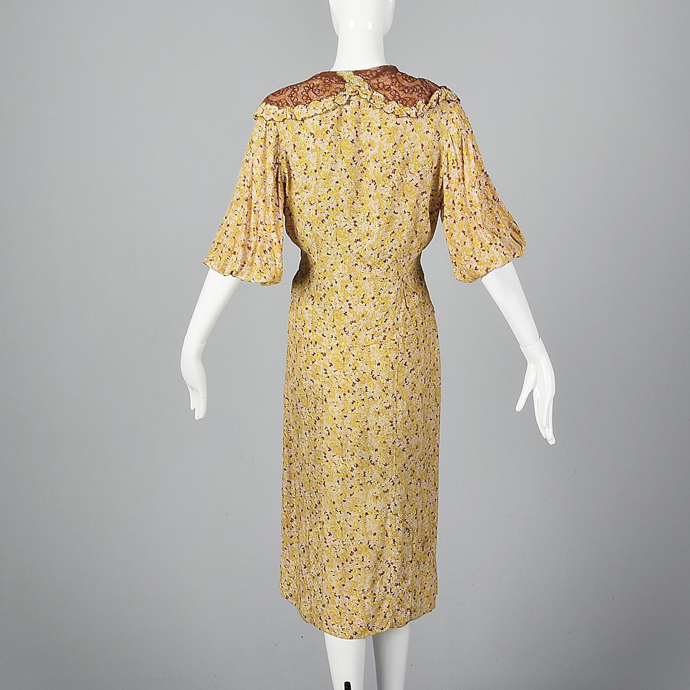 1930s Yellow Floral Dress with Open Sleeve Jacket