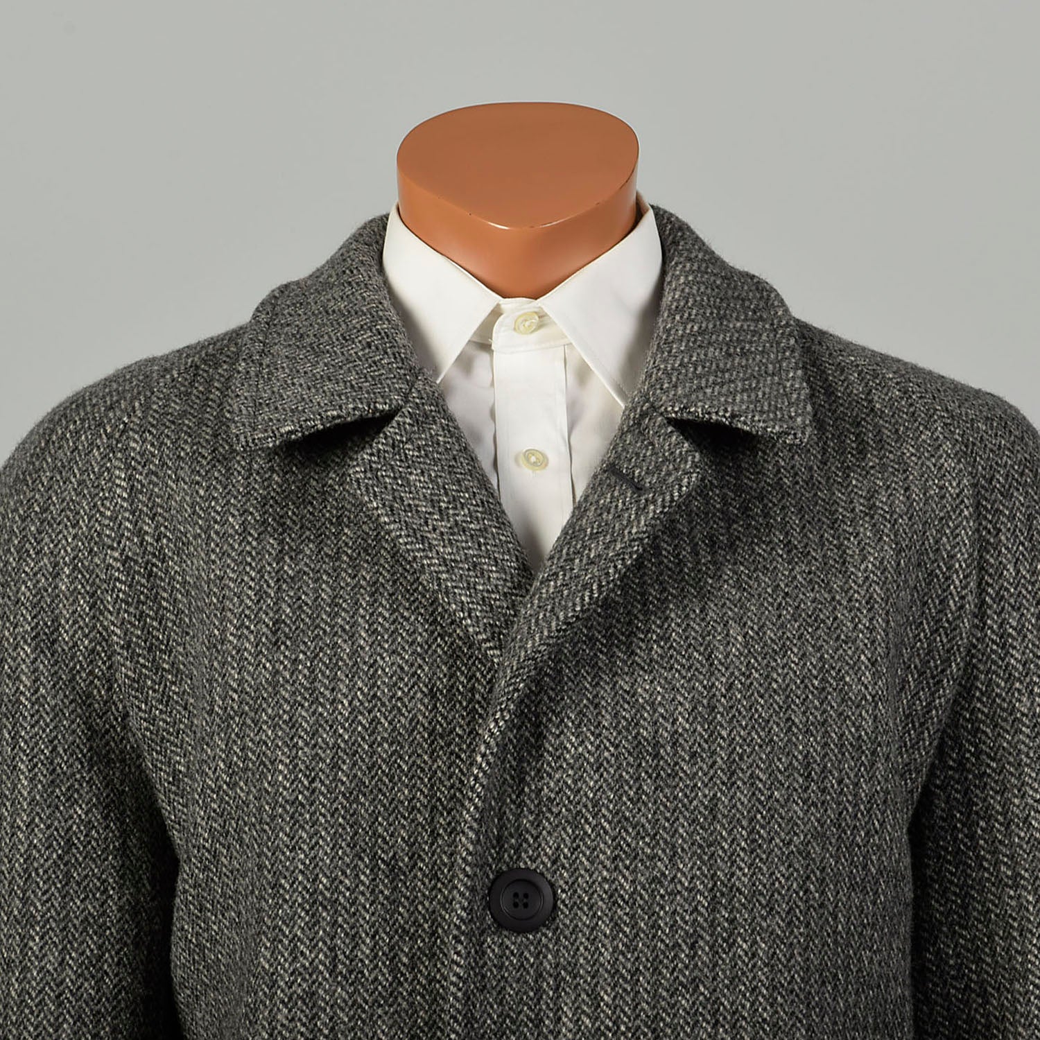 Large 1980s Car Coat Grey Wool Herringbone Tweed Winter Outerwear