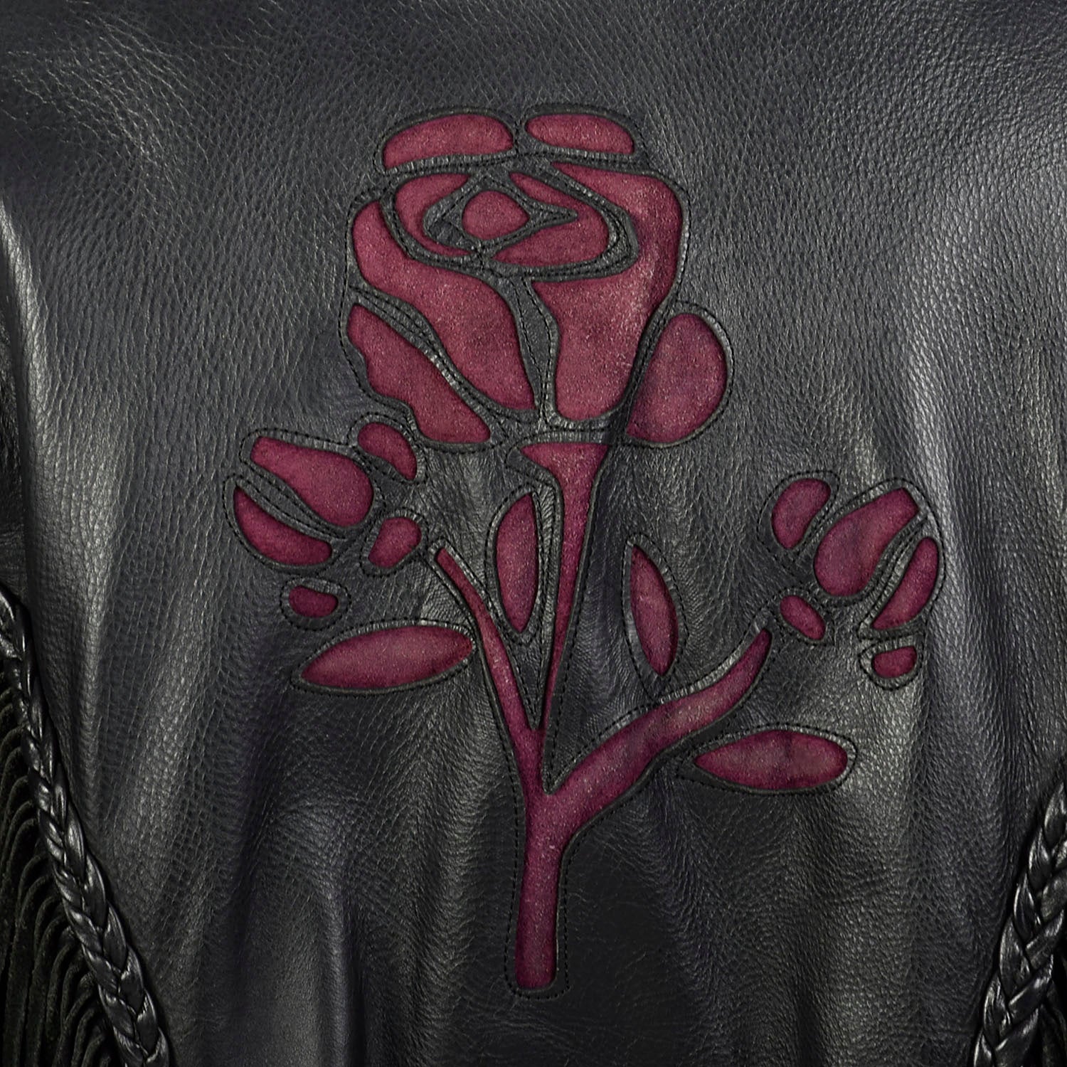 Small 1980s Black Leather Biker Jacket Fringe Purple Rose Inlays Zip Out Lining