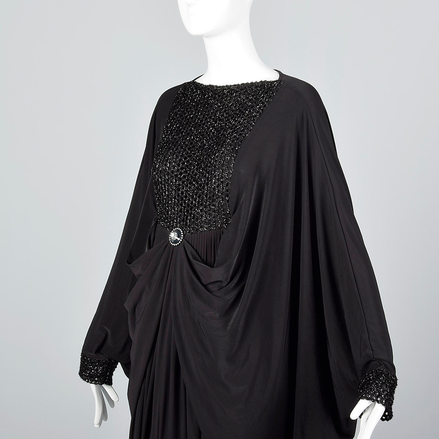 Extraordinary 1970s Black Jersey Cocoon Dress with Incredible Draping Style & Salvage Extraordinary 1970s Black Jersey Cocoon Dress with Incredible Draping Style & Salvage