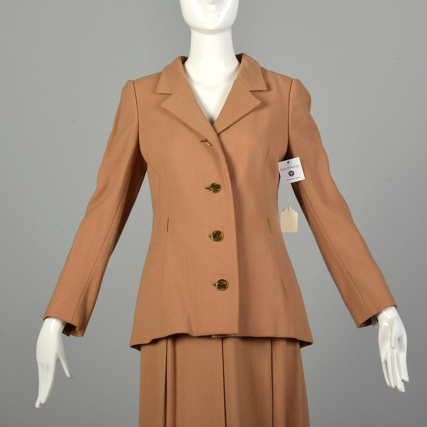 Small 1970s Suit Minimalist Camel Pleated Skirt 2pc Blazer Ensemble