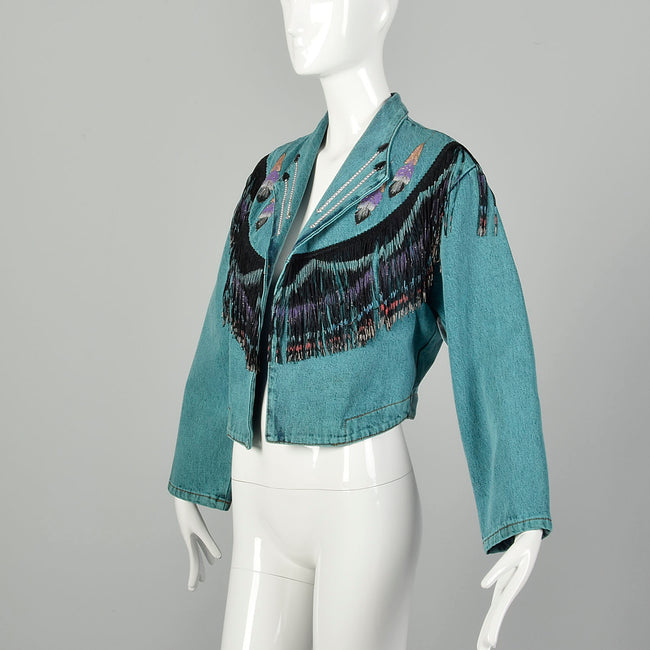 Medium Denim Jacket 1980s Bolero Fringe Jean Teal Southwestern