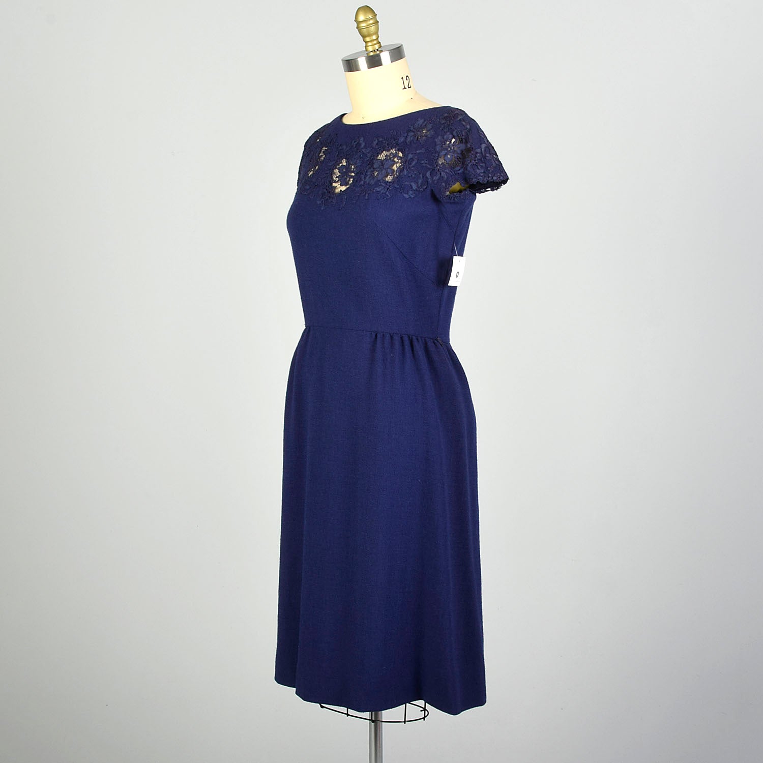 Large 1950s Blue Knit Dress with Lace Neckline Monochrome Harvey Berin
