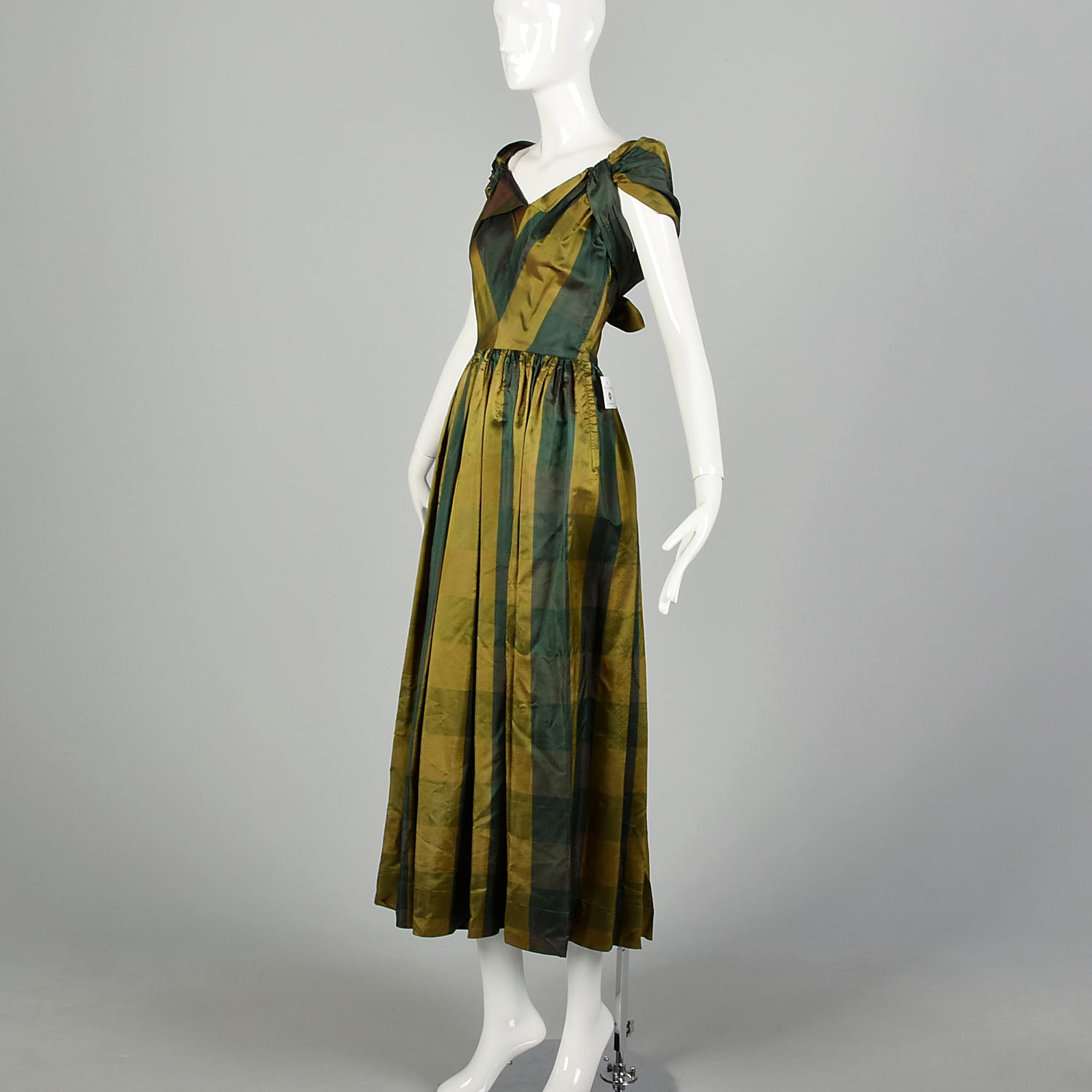 XS 1940s Green Gold Taffeta Party Dress Plaid Tea Length Gown Chevron Bodice