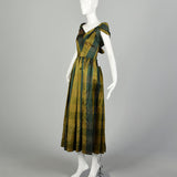 XS 1940s Green Gold Taffeta Party Dress Plaid Tea Length Gown Chevron Bodice