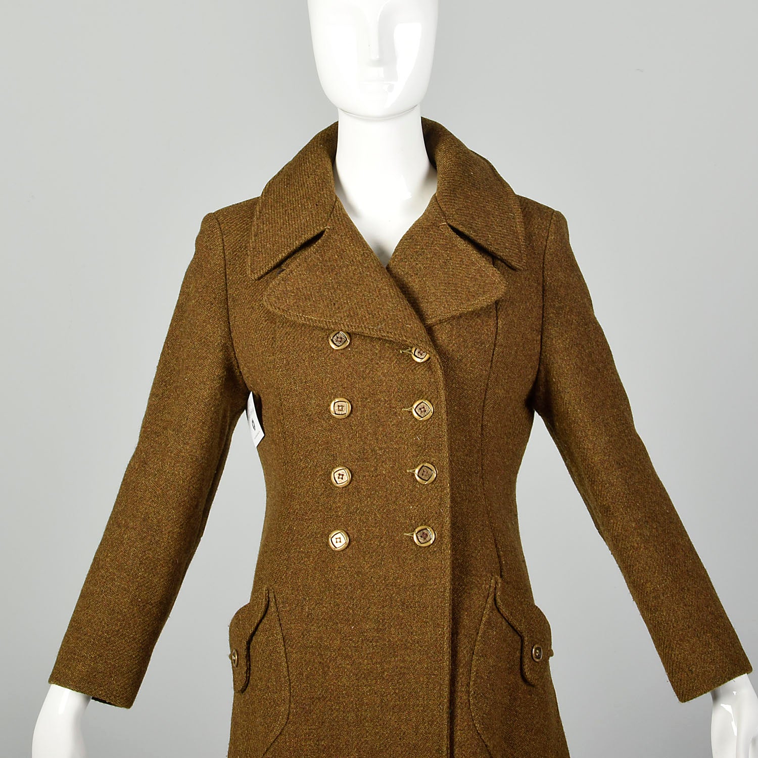 Small 1970s Brown Wool Coat Green Tweed Mod Military Inspired