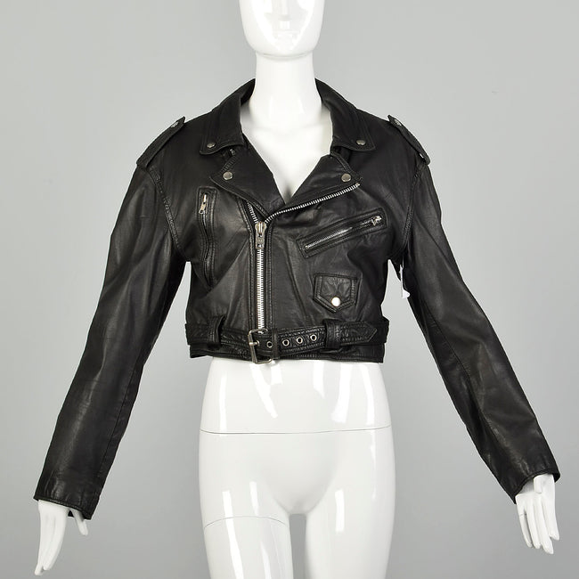 1990s Black Leather Cropped Biker Jacket Belt