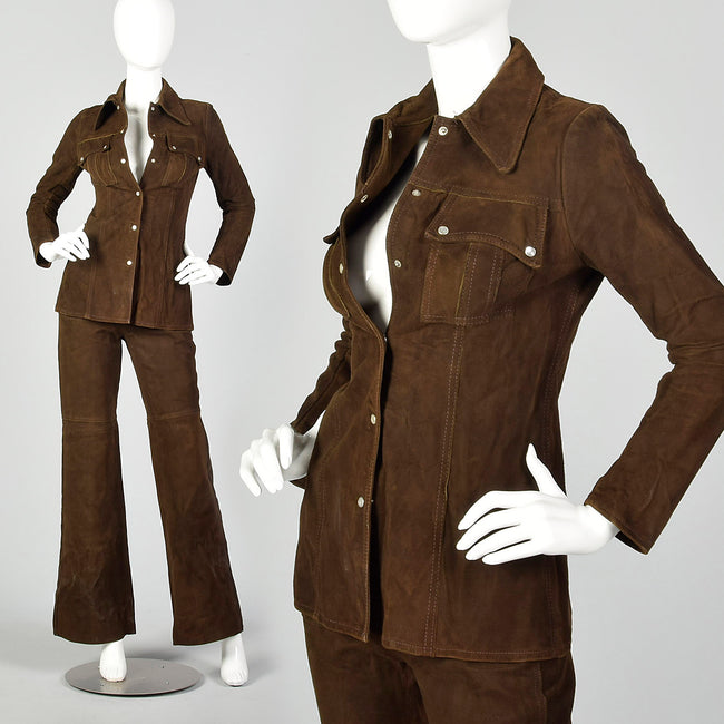 XXS 1970s Brown Suede Leather Top and Pants Set