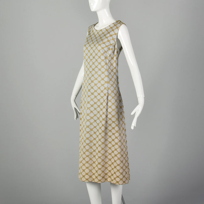 Small Pierre Balmain 1970s Gold and Ivory Sleeveless Dress 70s