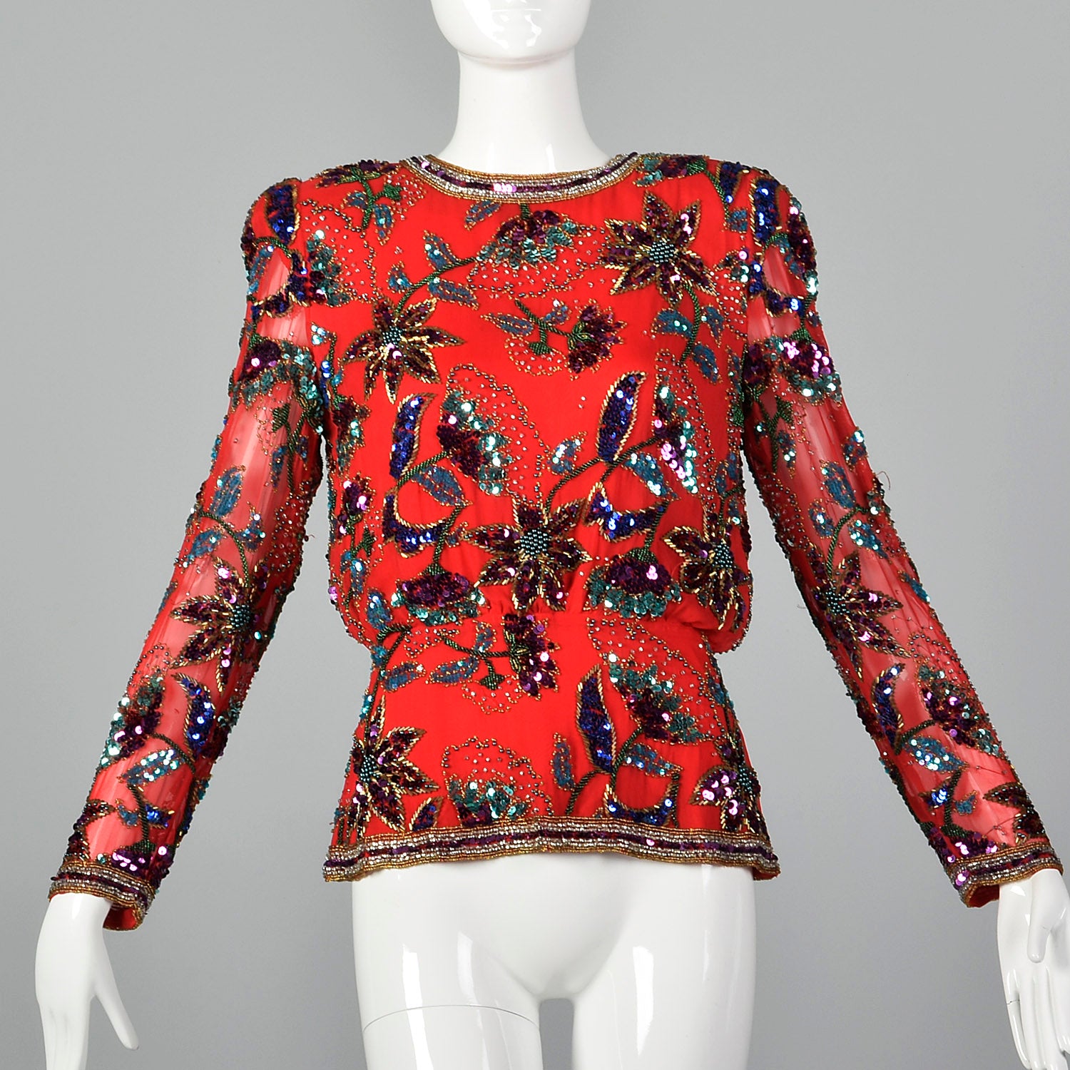 1980s Oleg Cassini Red Silk Beaded Top