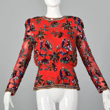 1980s Oleg Cassini Red Silk Beaded Top