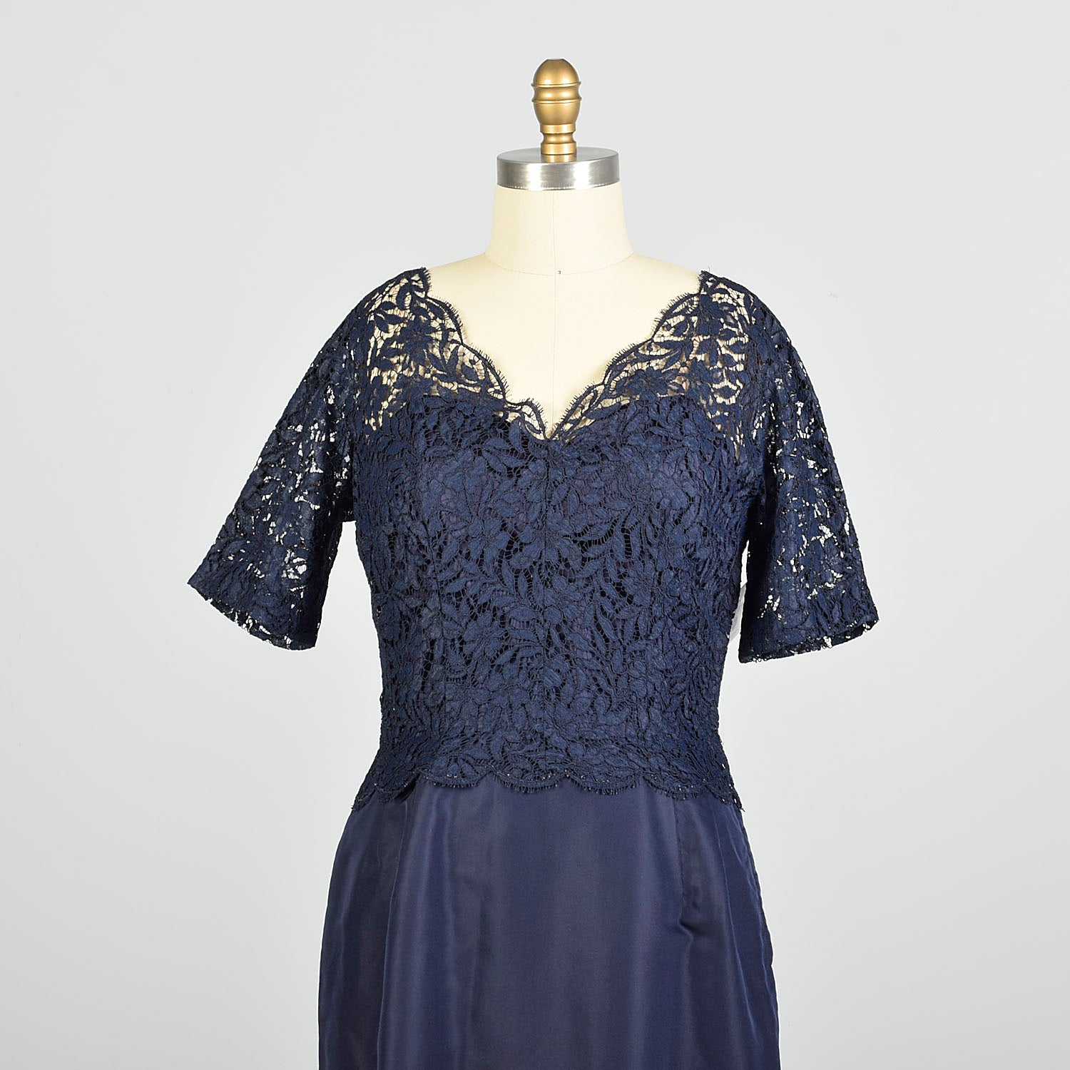 Large 1950s Navy Blue Cocktail Dress Illusion Neckline Lace Taffeta Evening Dress