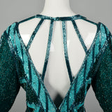 Large 1980s Bob Mackie Gown Bugle Beads Sequins Caged Back Hi Low Beaded Fringe Hem
