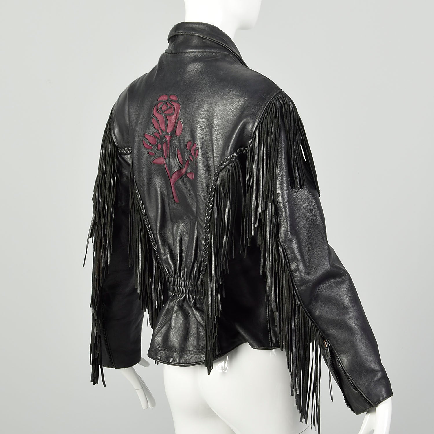 Small 1980s Black Leather Biker Jacket Fringe Purple Rose Inlays 
