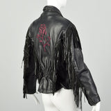 Small 1980s Black Leather Biker Jacket Fringe Purple Rose Inlays Zip Out Lining