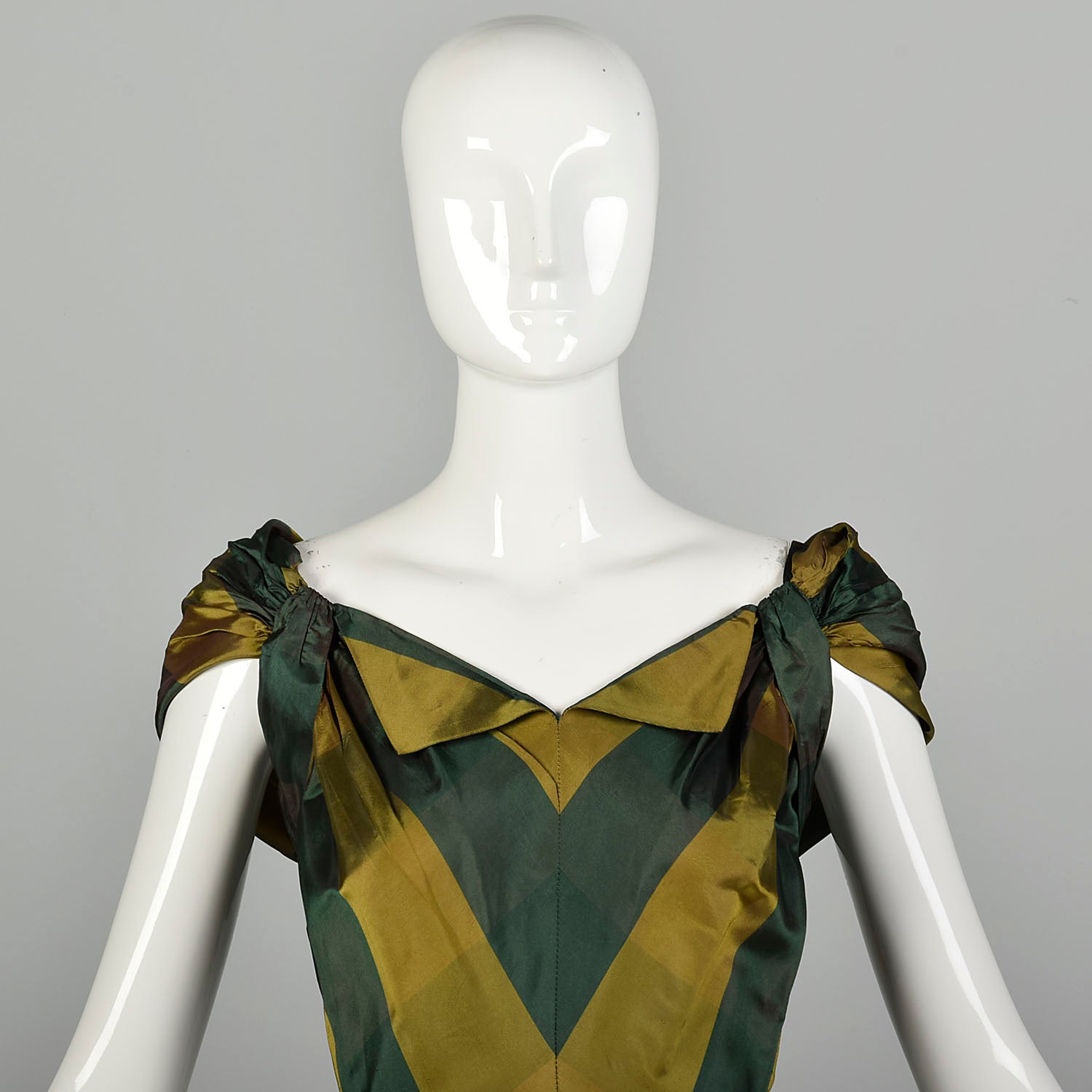 XS 1940s Green Gold Taffeta Party Dress Plaid Tea Length Gown Chevron Bodice