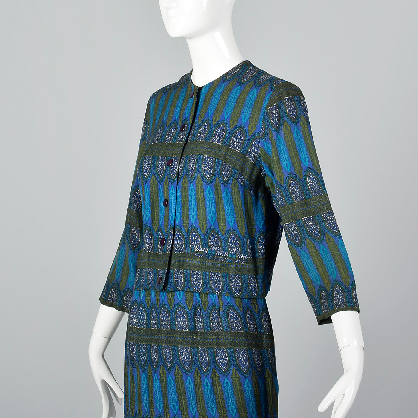 1960s Blue Printed Jacket with Matching Skirt