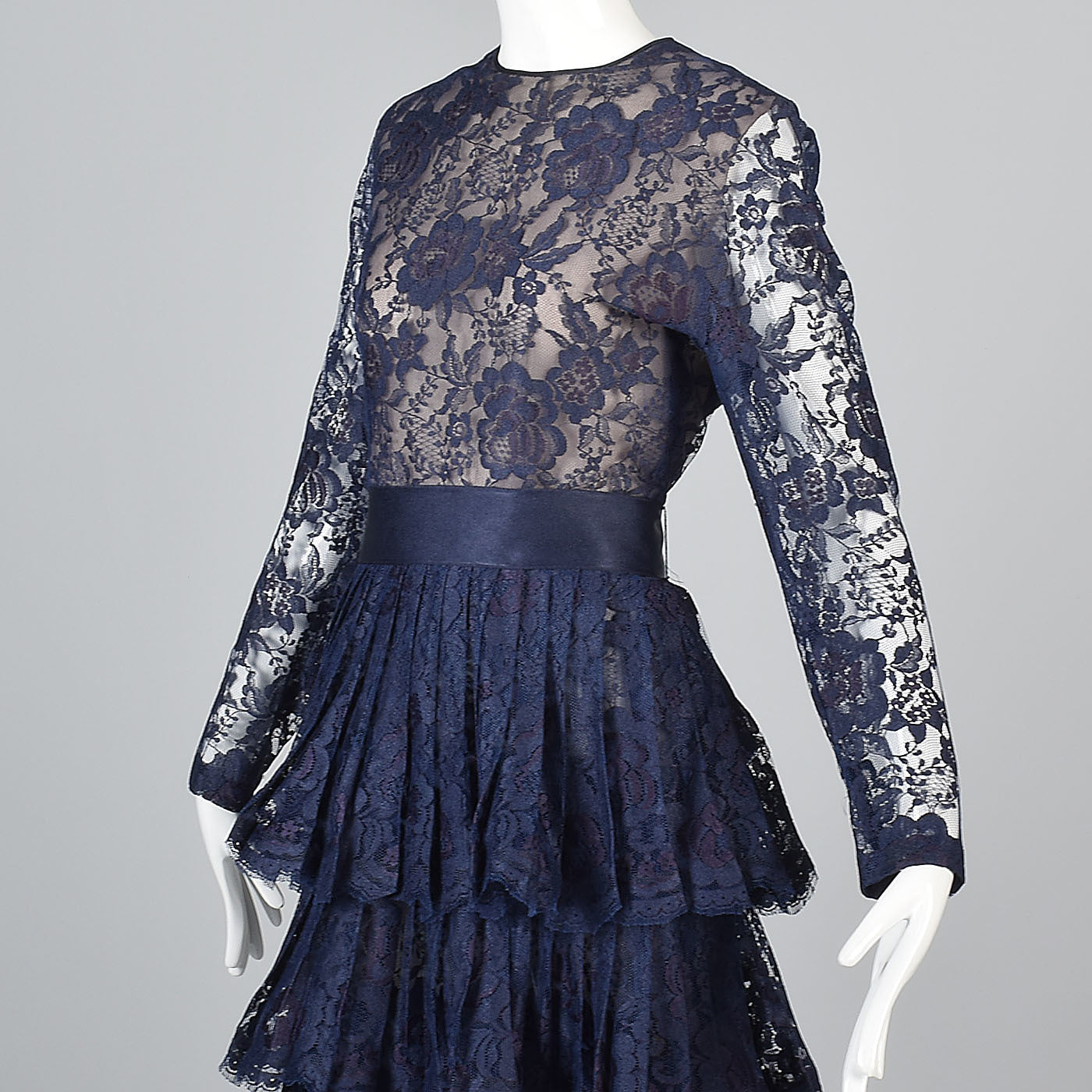 1970s Scaasi Boutique Navy Blue Formal Lace Evening Dress