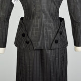 Small 1950s Femme Fatale Suit Bombshell Jacket Skirt Set Black Window Pane Taffeta Hourglass Suit