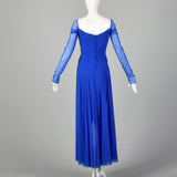 Large 1980s Dress Vicky Tiel Blue Mesh Gown Long Sheer Sleeves Ruched Bodice Sweetheart Neckline