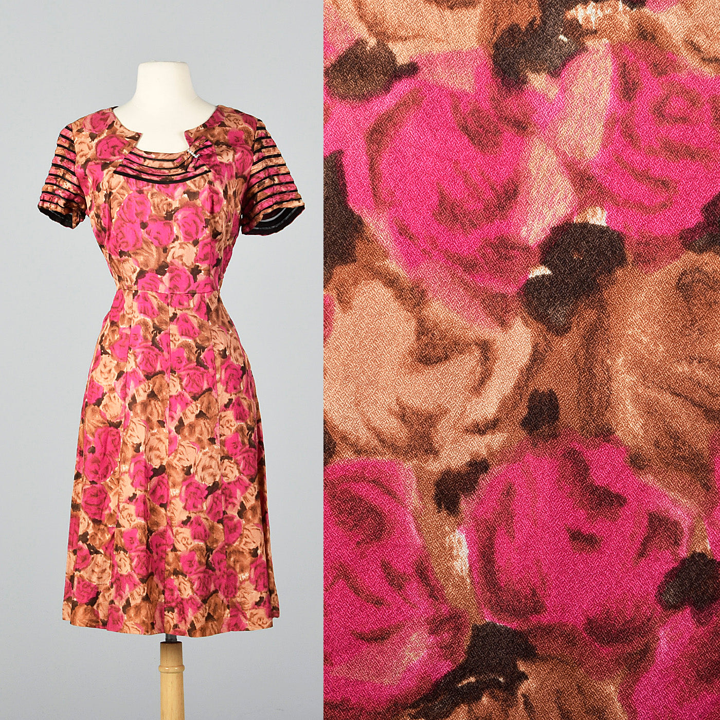 1950s Floral Dress with Sheer Detail Collar and Sleeves