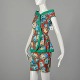 Small 1980s Off Shoulder Floral Peplum Dress Green Trim